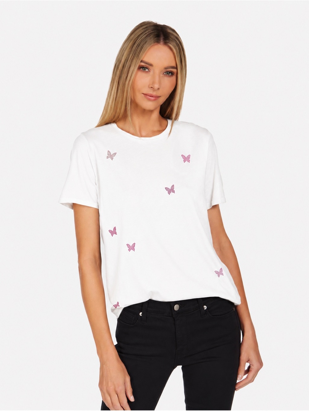 Lauren Moshi Crystal Butterflies Slub Cotton Short Sleeve White Tee Size Small